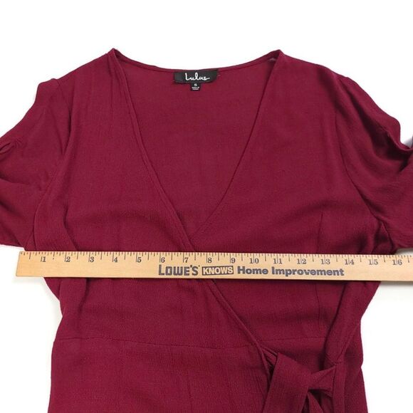 LULUS My Philosophy Burgundy Real Wrap Dress Mini Tie Short Sleeve Womens Small - Picture 3 of 8